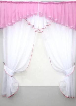 Кухонна фіранка аннет (170х170см) з підв'язками. колір рожевий з білим
