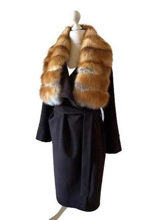 Элегантное коричневое пальто без подкладки с воротником из натурального меха лисы 46 ro-270161 фото