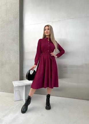 Стильна жіноча сукня бордового кольору, вельветова сукня з поясом, розміри 42-52