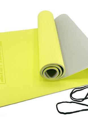 Коврик для йоги и фитнеса easyfit tpe+tc 6 мм двухслойный лимонный-серый1 фото