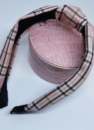 Женский обруч - чалма для волос в клетку / ободок для головы розовый3 фото