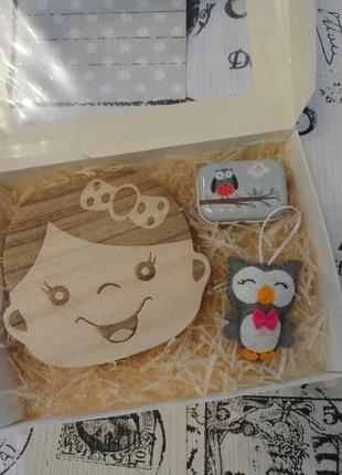Подарочный набор для ребенка, деревяная, жестяная шкатулка для зубов, сова