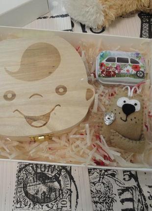 Подарочный набор для малыша, деревяная, жестяная шкатулка для зубов, котик2 фото