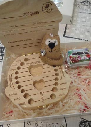 Подарочный набор для малыша, деревяная, жестяная шкатулка для зубов, котик3 фото