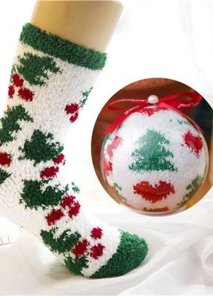 Теплі новорічні шкарпетки (носки) в кулі у вигляді ялинкової прикраси. білі з ялинками . 35-39 розмір1 фото