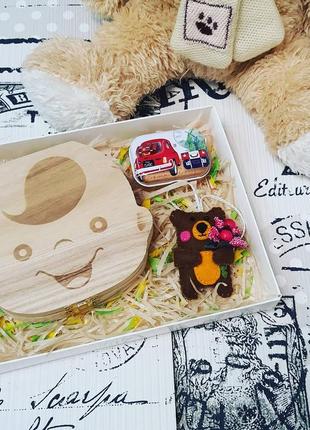 Подарунковий набір для дитини, дерев'яна, жерстяна скринька, ведмедик1 фото