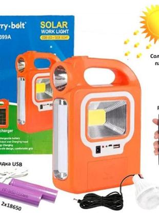 Ліхтар кемпінг переносний 6399а - led+cob, power bank, 2x18650, сонячна батарея. колір: помаранчевий1 фото