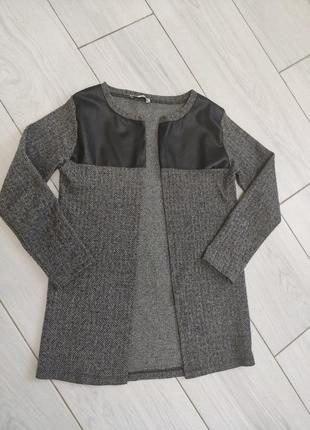 Универсальный кардиган пиджак жакет накидка серый с эко кожей2 фото