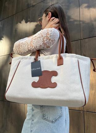 Celine shopper, вместительная шоппер сумка в стиле сеnn белый с коричневым.5 фото