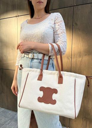 Celine shopper, вмістка шоппер сумка в стилі селін. білий з коричневим.7 фото