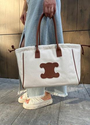 Celine shopper, вместительная шоппер сумка в стиле сеnn белый с коричневым.3 фото