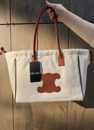 Celine shopper, вместительная шоппер сумка в стиле сеnn белый с коричневым.2 фото