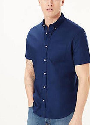 Синяя рубашка оксфорд с коротким рукавом3 фото