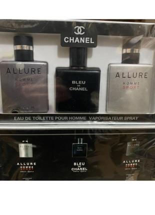 Недолив!!подарочный набор chanel set 3 по 25 мл (allure sport+blue de chanel+allure sport extreme)