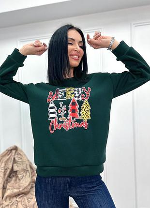 Женский теплый свитшот утепленный на флисе зима новогодний рождество merry christmas батник