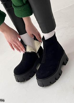 Женские зимние ботинки, черные, натуральная замша4 фото