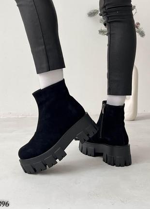 Женские зимние ботинки, черные, натуральная замша6 фото