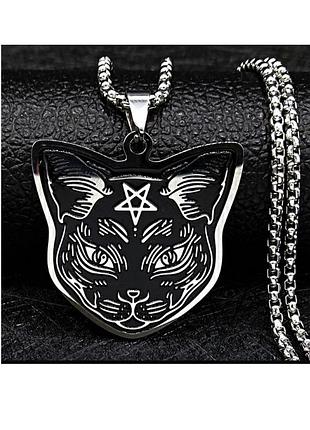 Крутий кулон кіт котик містика рок готика магія пентаграма сталь не тьмяніє унісекс