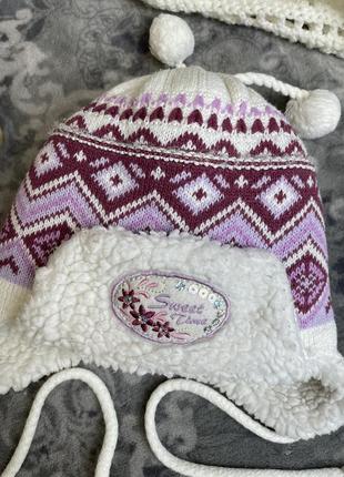 Теплая зимняя шапка и шарф в девочку набор 48-50 2-3 лет шерсть акрил польша2 фото