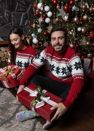 Новогодний свитер с оленями, парные свитера, шерстяной свитер, family look3 фото