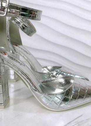 Срібні туілі-лодочки легесенькі glamour з принтом крокодилової шкіри6 фото