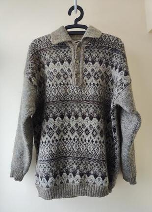 100% шерстяной свитер / винтажная мужская кофта / теплая с новогодним орнаментом
