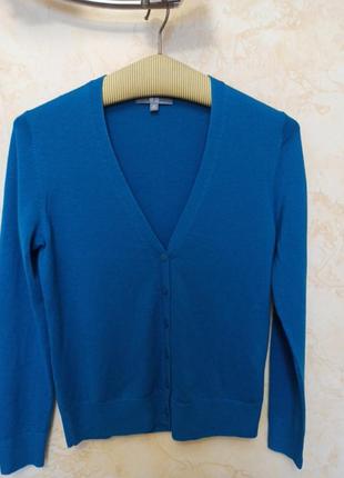 Красивая шерстяная кофточка на пуговицах, короткий кардиган uniqlo, цвет морской волны с синевой