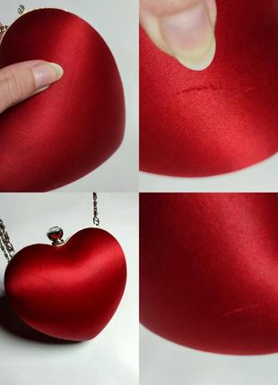 Сумка сердечко клатч сумочка серце червона атласна з діамантом клач9 фото
