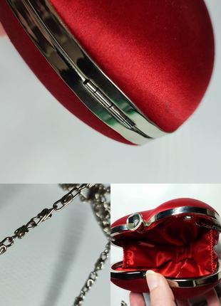 Сумка сердечко клатч сумочка серце червона атласна з діамантом клач8 фото