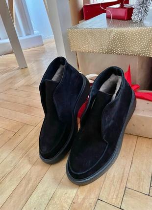 Зимние ботинки лоферы из натуральной замши цвет черный5 фото