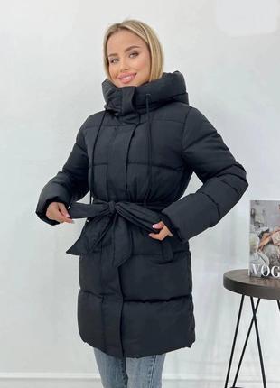 Куртка жіноча тепла довга коротка з поясом зимова на зиму базова стьобана з капюшоном утеплена чорна біла бежева коричнева пуховик батал2 фото