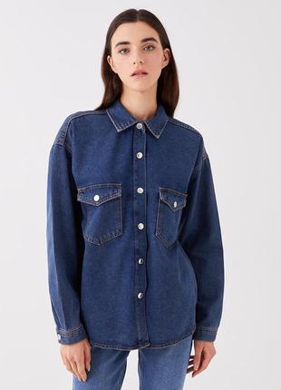 Джинсова куртка-сорочка оверсайз з цупкого деніму темно-синього кольору1 фото