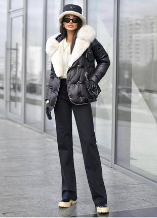Куртка женская теплая короткая зимняя на зиму базовая с капюшоном утепленная мехом черная белая пуховик батал дуток3 фото