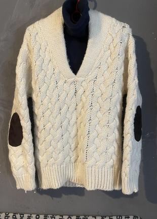 Мужской зимний свитер белый вязаный шерстяной