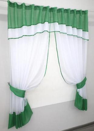 Комплект штор на кухню (280х170см) з ламбрекеном. колір білий з зеленим4 фото