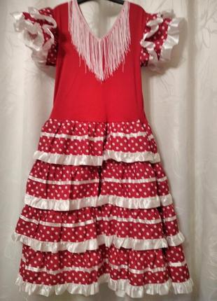 Платье испанки, кармен красное в белый горошек