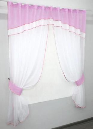 Кухонна фіранка (270х170см) з ламбрекеном. колір рожевий з білим4 фото