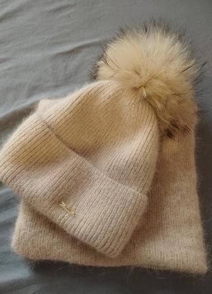 Зимова шапка  + хомут, ангора, нат.балабон 54-587 фото