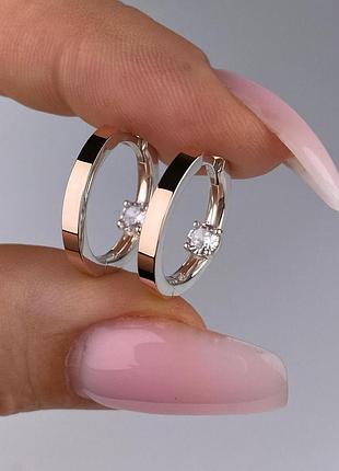 Серебряные серьги 925 пробы с золотыми пластинами и цикрониии, колечки конго кольца