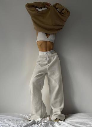 Спортивні штани тедді teddy плюшеві барашик коричневі білі кльош палаццо теплі стильні трендові