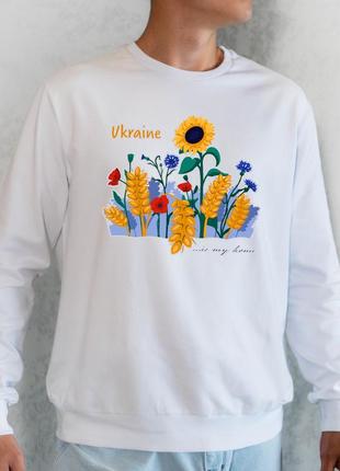 Світшот з принтом польові квіти, білий, чоловічий, україна, бренд малюнки