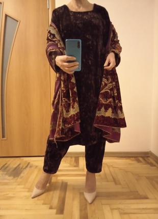 Велюровый красивый комплект платье, штаны и шаль, индийский наряд, р 14