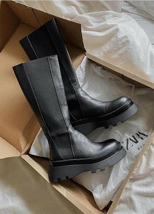 Високі шкіряні сапоги чоботи на тракторній підошві з 100% шкіри від zara