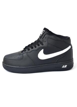 Nike air force 1 черные с белым мужские зимние кроссовки высокие кожаные с мехом топ качество зима ботинки сапоги высокие теплые найк форс