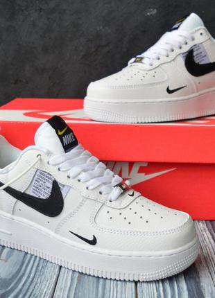 Nike air force 1  кросівки чоловічі шкіряні топ якість ліцензія найк форс білі з чорним кеди натуральна шкіра