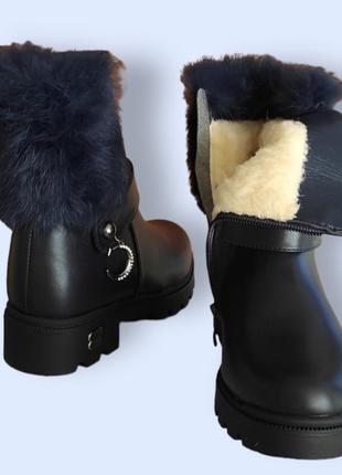 Красивые зимние ботинки с мехом опушкой для девочки синие на овчинке2 фото