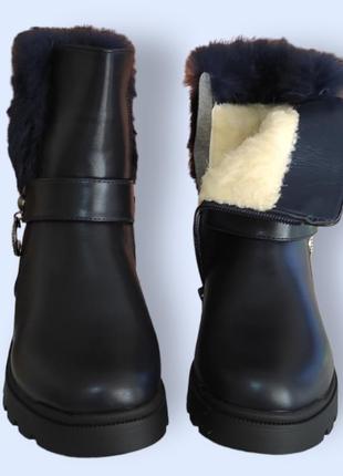 Красивые зимние ботинки с мехом опушкой для девочки синие на овчинке6 фото