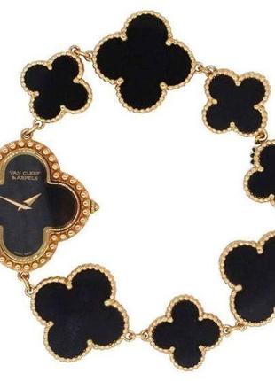 Часы браслет серебро черный цветок клевер золотистые брендовые в стиле van cleef люкс