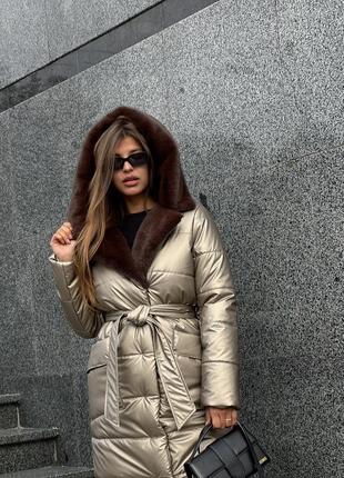Теплое женское зимнее стеганое пальто плащ пуховик с капюшоном2 фото