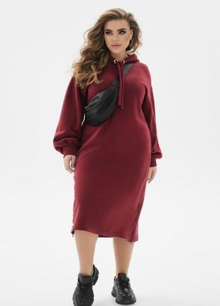 Сукня жіноча фіолетова довга (міді) на флісі тепла з капюшоном3 фото